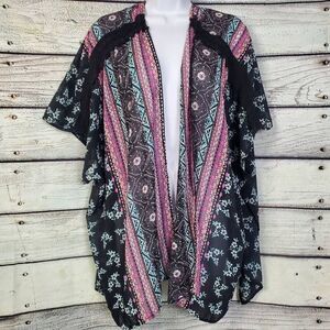 Vanity Women’s Boho Kimono Cardigan Size L Multicolor Print Open Front Sheer